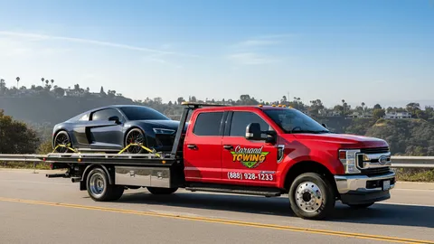 Vehicle being towed on flatbed tow truck in Los Angeles California