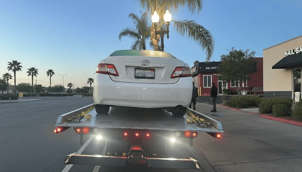 White car on flatbed tow truck in Los Alamitos California daytime