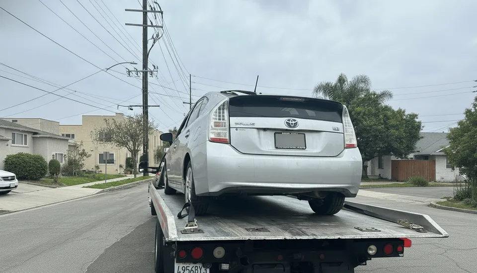 White car on flatbed tow truck on highway in Hacienda Heights California daytime, back view
