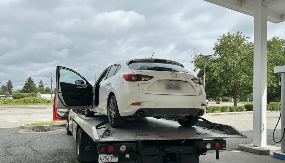 White car on flatbed tow truck at gas station in Huntington Beach California daytime