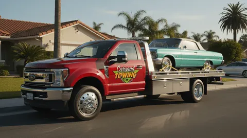 Green car being towed on flatbed tow truck in Los Angeles California