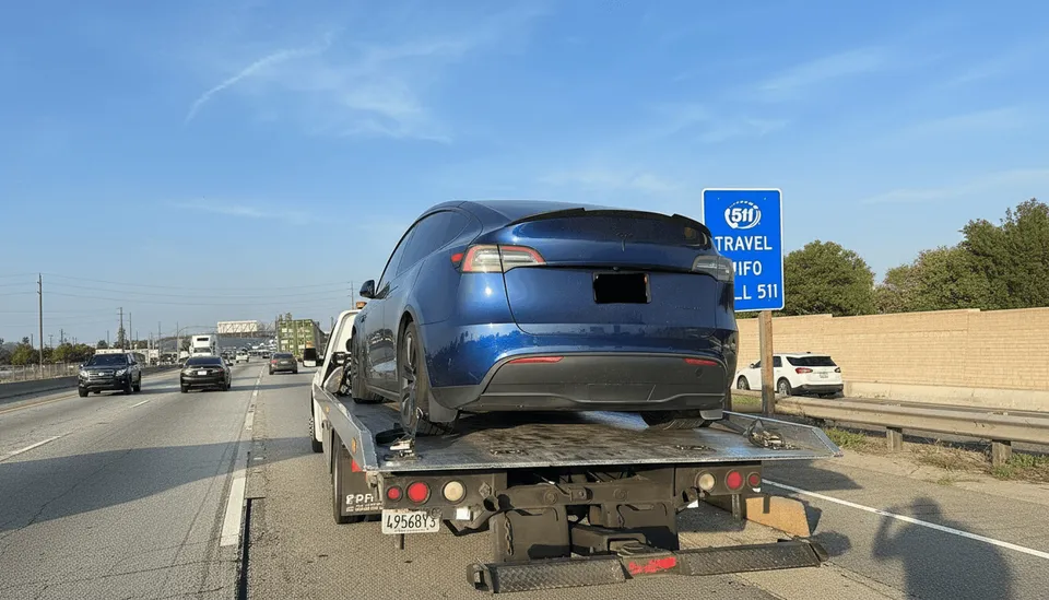 Blue car being towed on city street in Rossmoor California