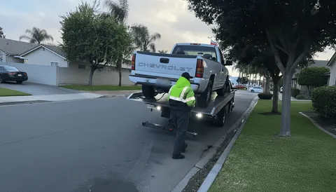 Pickup truck being towed on flatbed tow truck in Montebello California morning