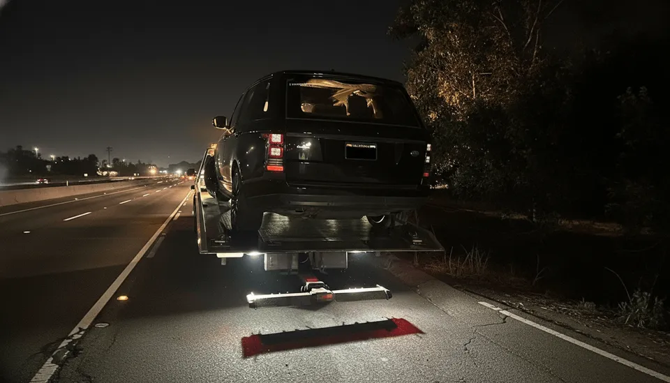 Black shiny car on flatbed tow truck at night in Garden Grove California