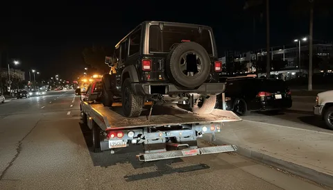 Black car with spare wheel being towed at night in Huntington Beach California