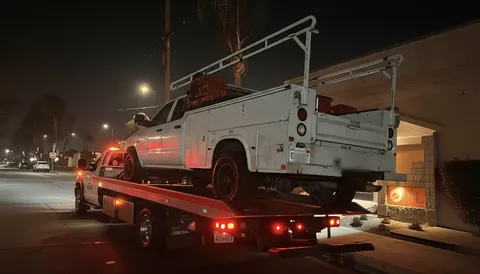 Vehicle being towed at night on flatbed tow truck in South Whittier California