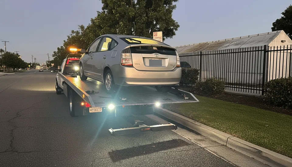 Gray car on flatbed tow truck at night near residential fence in La Habra Heights California