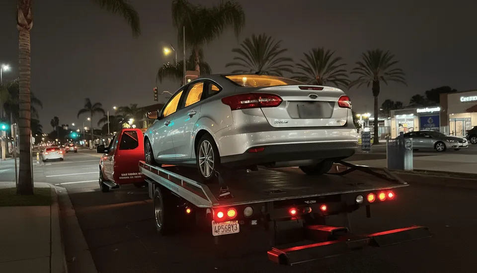 Tow truck transporting a white vehicle at night during roadside assistance in Montebello, California.