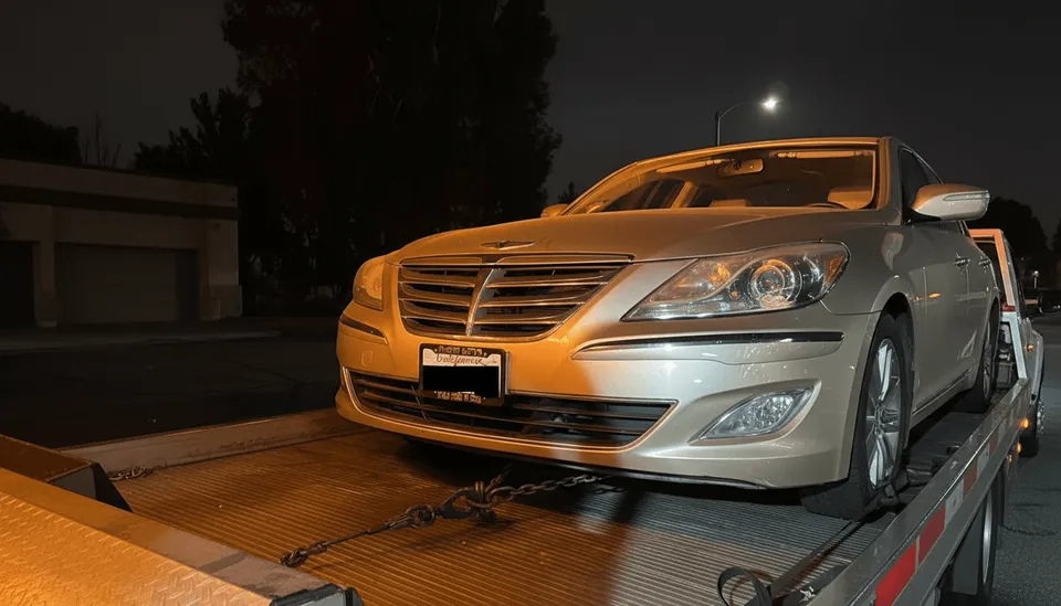Dirty white car being towed on flatbed tow truck at night in Paramount California