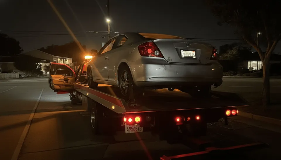 Gray car being towed on flatbed tow truck at night in Riverside County California