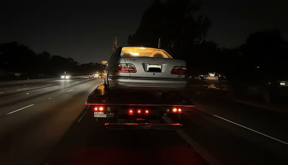 Gray car being towed at night on flatbed tow truck in Santa Ana California