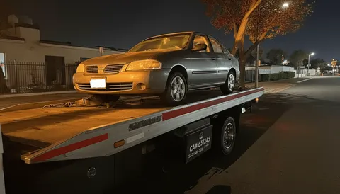Tow truck assisting a gray Honda vehicle during nighttime roadside service in Orange County, California.