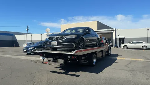 Black car secured on tow truck in Long Beach California