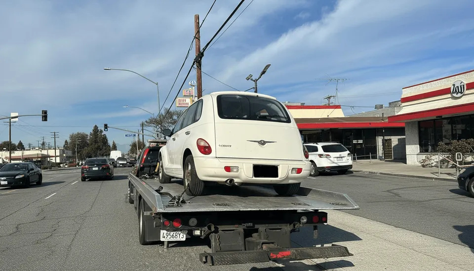 Tow truck helping broken down white car in the road in Hawaiian Gardens California daytime