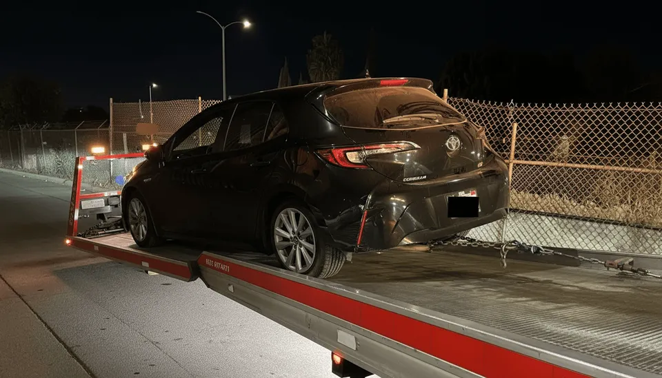 Black car being towed on flatbed tow truck on side of road in West Whittier California