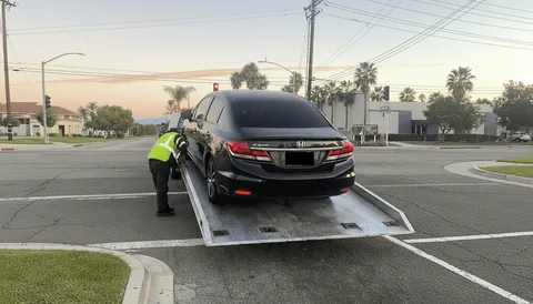 Tow truck driver securing black car on flatbed tow truck in Irvine California