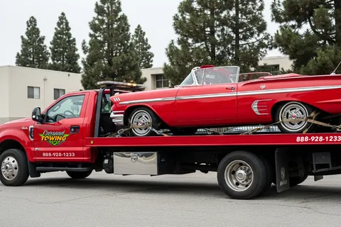 Classic car towing for a red Chevy Impala.