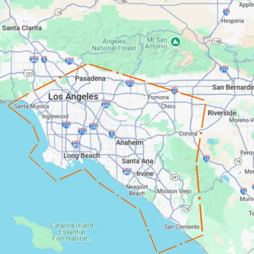 Map of the Carsaad Towing service area across Los Angeles, Orange and Riverside counties